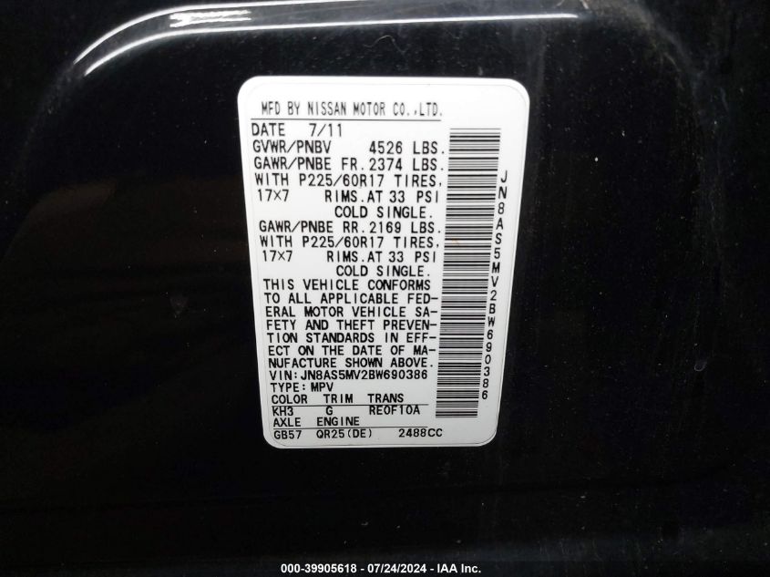 2011 Nissan Rogue Sv VIN: JN8AS5MV2BW690386 Lot: 39905618