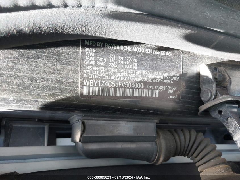 2015 BMW I3 Base W/Range Extender VIN: WBY1Z4C55FV504000 Lot: 39905623