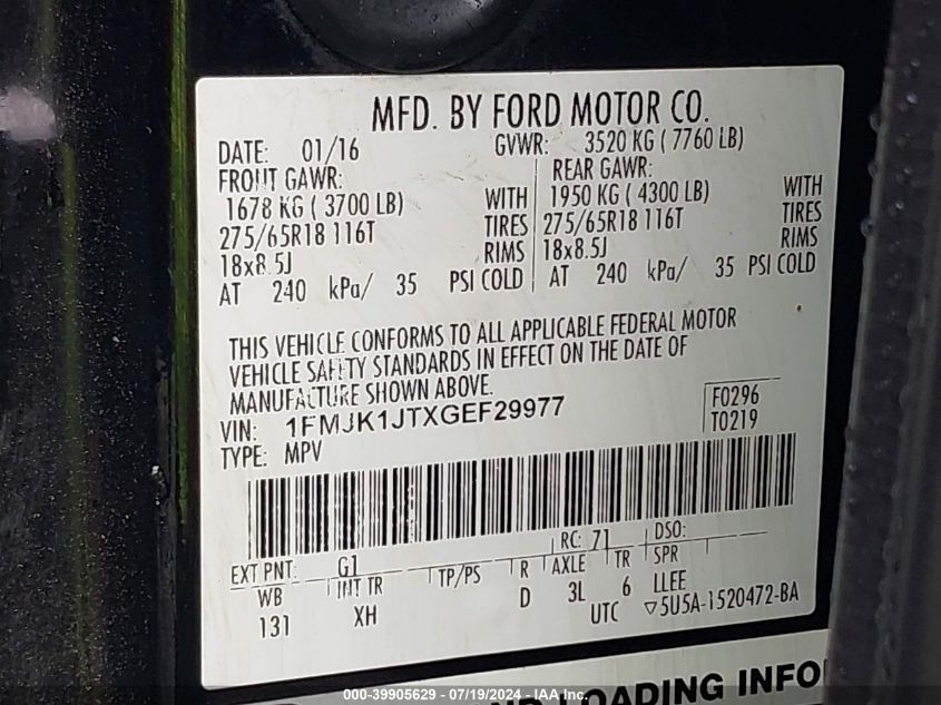 2016 Ford Expedition El Xlt VIN: 1FMJK1JTXGEF29977 Lot: 39905629