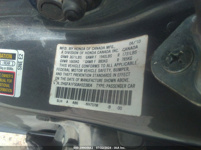 2010 Honda Civic Lx VIN: 2HGFA1F50AH323804 Lot: 39905643