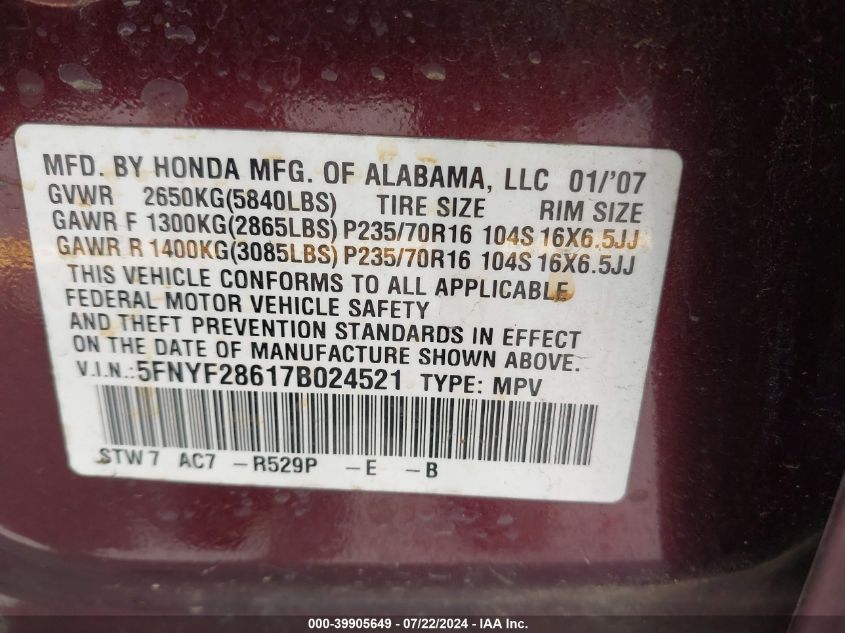 2007 Honda Pilot Ex-L VIN: 5FNYF28617B024521 Lot: 39905649