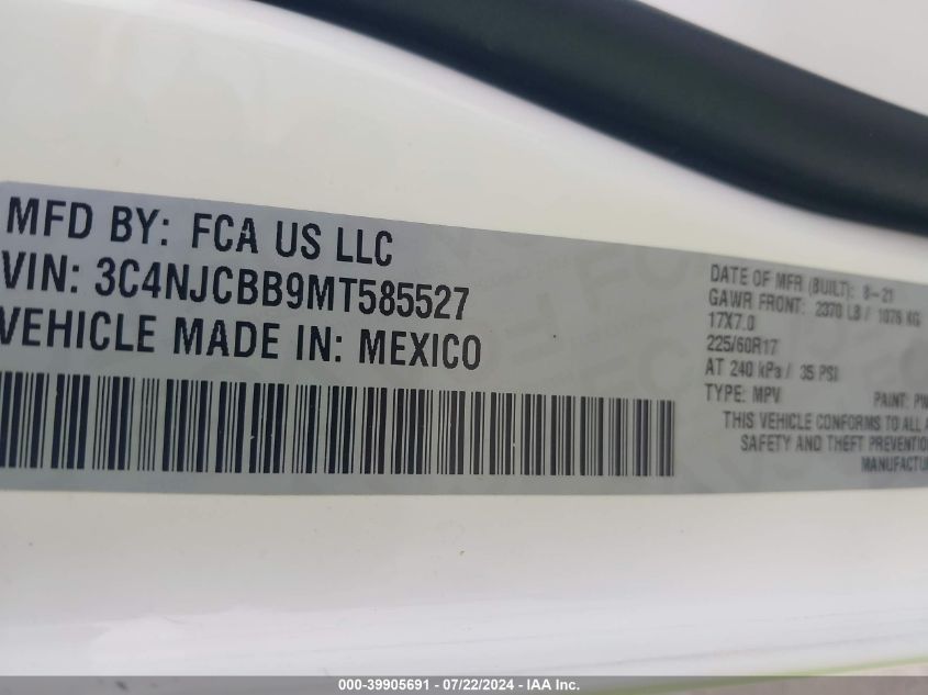 2021 Jeep Compass Latitude Fwd VIN: 3C4NJCBB9MT585527 Lot: 39905691