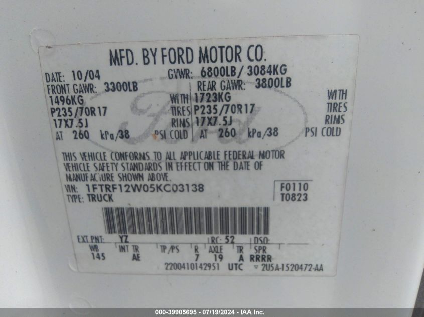 2005 Ford F150 VIN: 1FTRF12W05KC03138 Lot: 39905695