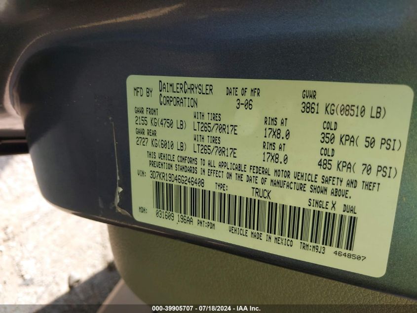 2006 Dodge Ram 1500 Slt VIN: 3D7KR19D46G246408 Lot: 39905707