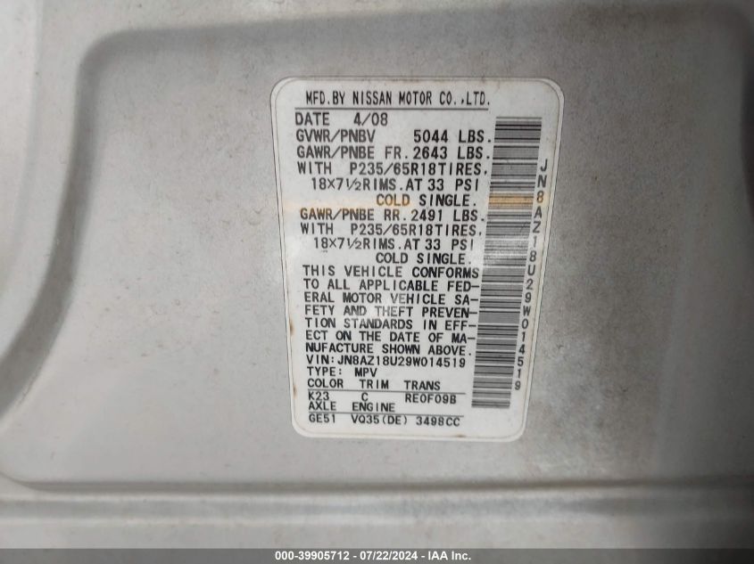 2009 Nissan Murano Sl VIN: JN8AZ18U29W014519 Lot: 39905712