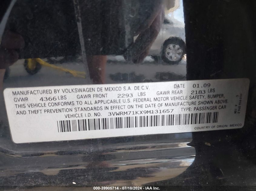2009 Volkswagen Jetta Se VIN: 3VWRM71KX9M131657 Lot: 39905714