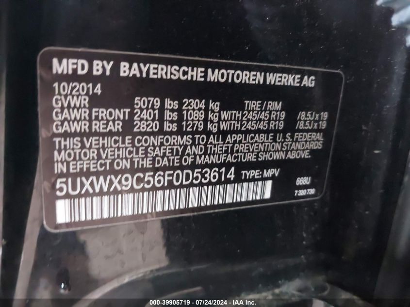 2015 BMW X3 xDrive28I VIN: 5UXWX9C56F0D53614 Lot: 39905719