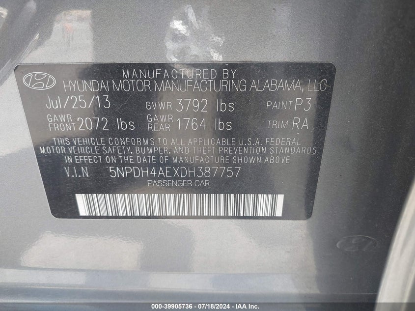 2013 Hyundai Elantra Gls VIN: 5NPDH4AEXDH387757 Lot: 39905736