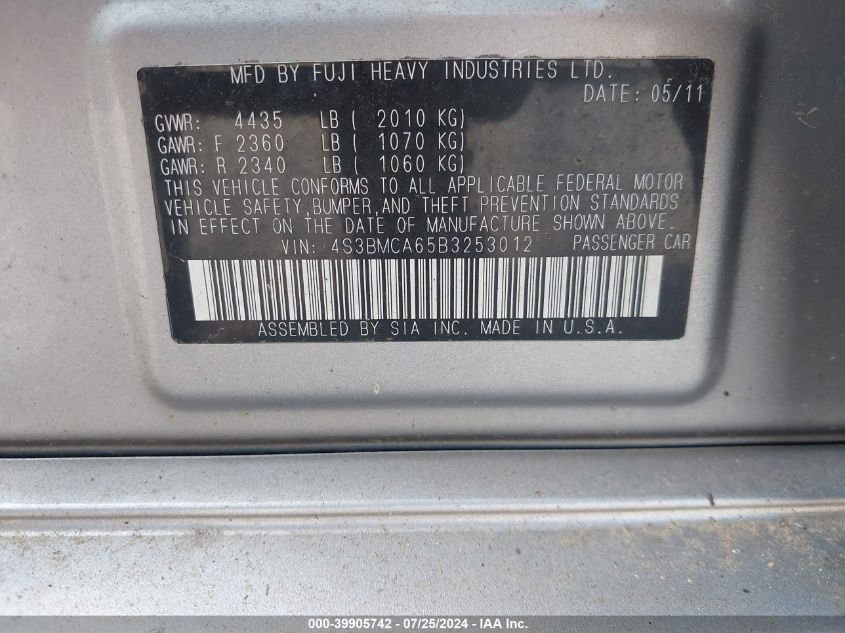 2011 Subaru Legacy 2.5I VIN: 4S3BMCA65B3253012 Lot: 39905742