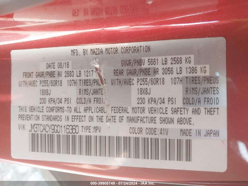 2016 Mazda Cx-9 Touring VIN: JM3TCACY9G0116360 Lot: 39905749