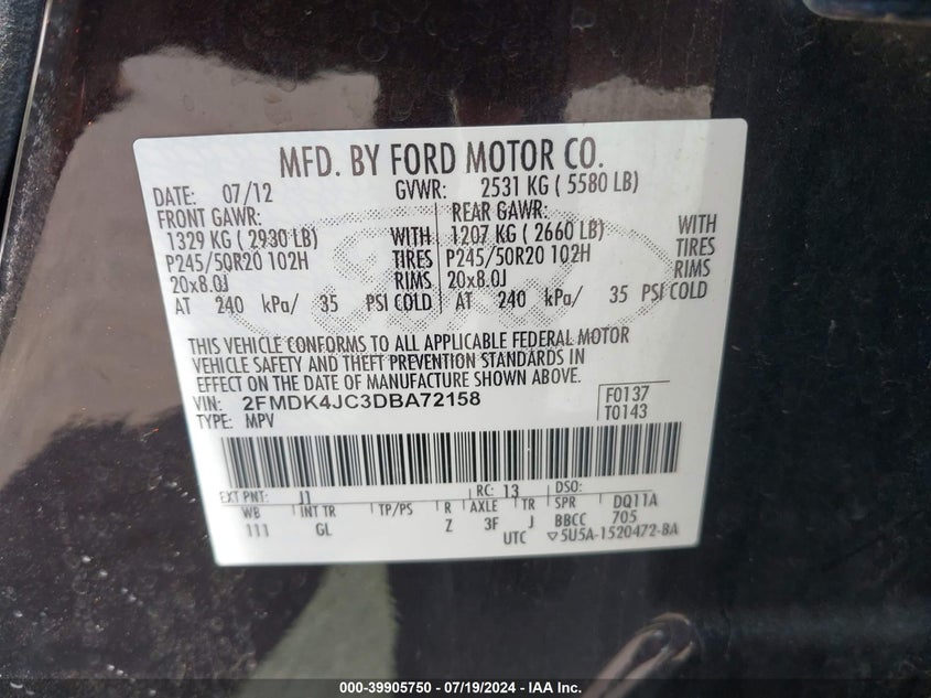 2013 Ford Edge Sel VIN: 2FMDK4JC3DBA72158 Lot: 39905750