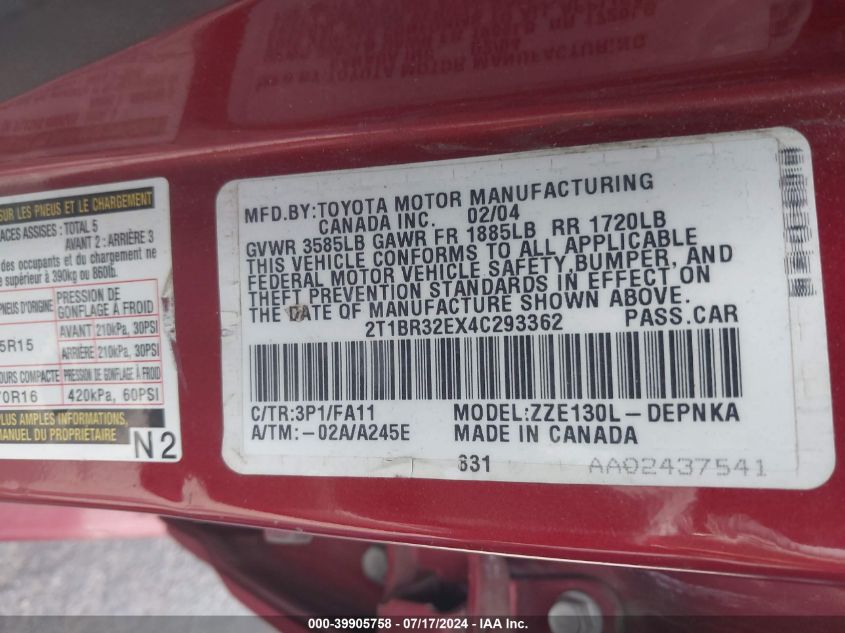 2004 Toyota Corolla Le VIN: 2T1BR32EX4C293362 Lot: 39905758