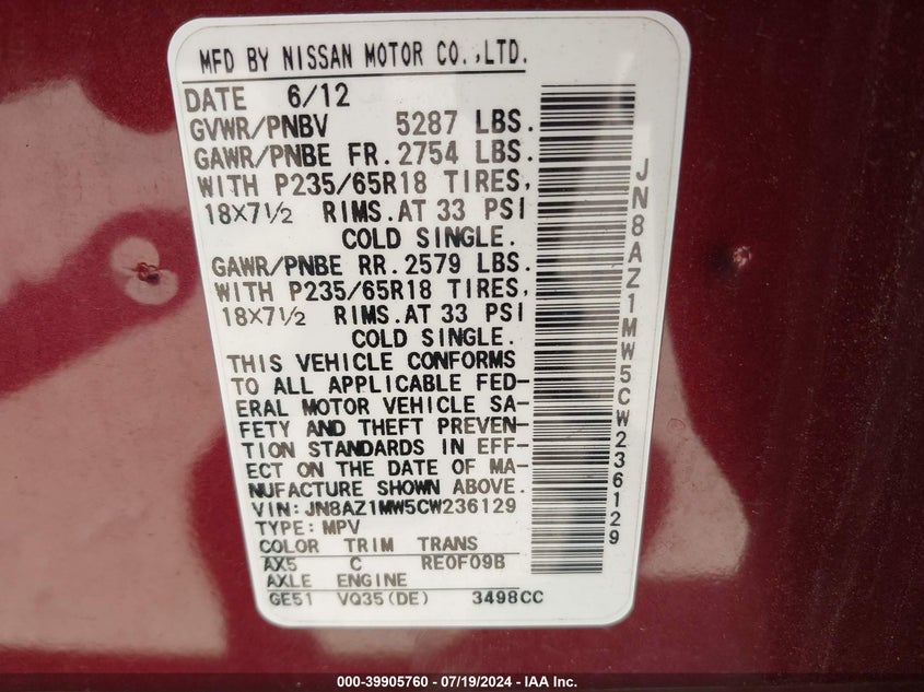 2012 Nissan Murano Sl VIN: JN8AZ1MW5CW236129 Lot: 39905760