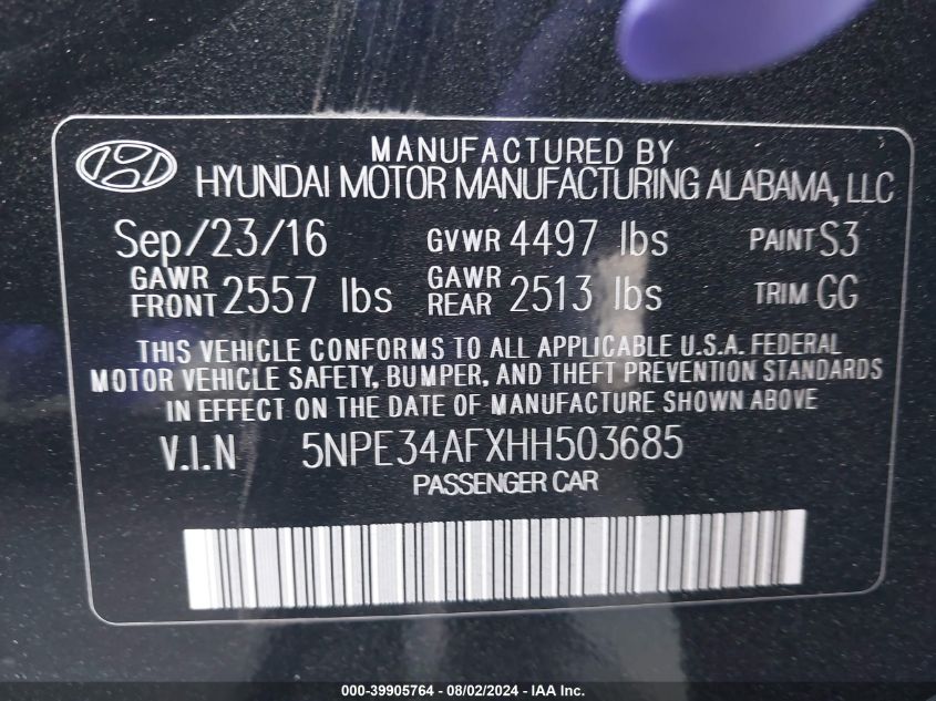 2017 HYUNDAI SONATA SPORT/LIMITED - 5NPE34AFXHH503685