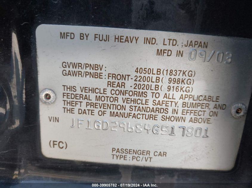 2004 Subaru Impreza Wrx VIN: JF1GD29684G517801 Lot: 39905782