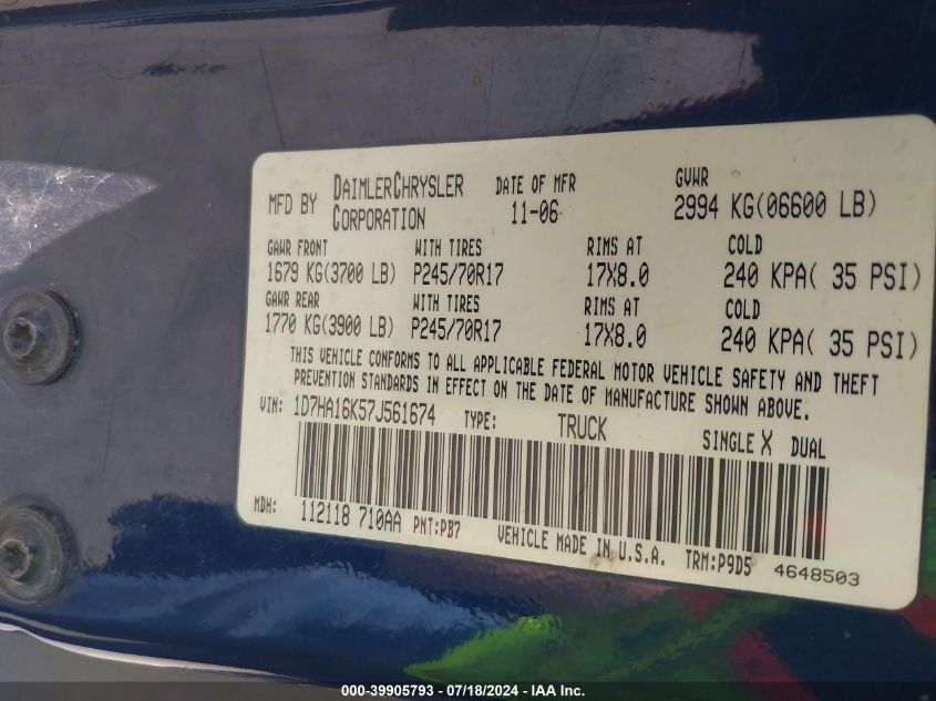 2007 Dodge Ram 1500 St VIN: 1D7HA16K57J561674 Lot: 39905793