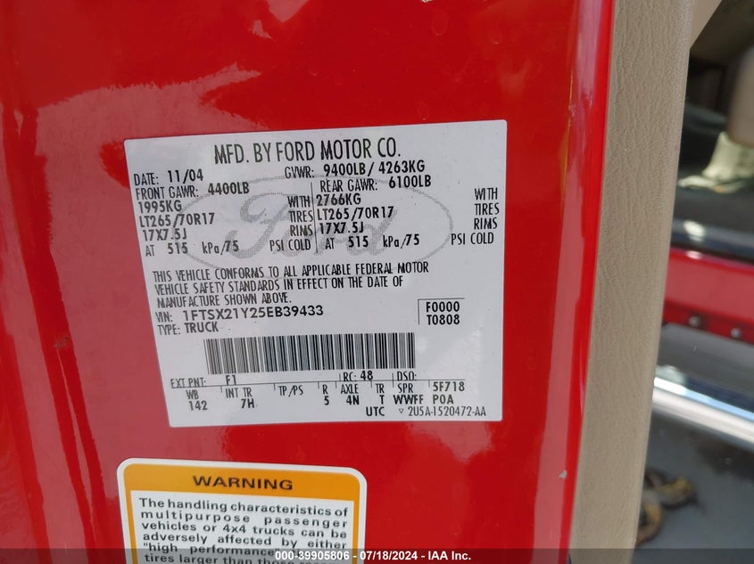 2005 Ford F-250 Lariat/Xl/Xlt VIN: 1FTSX21Y25EB39433 Lot: 39905806