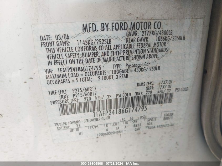 1FAFP24186G174795 2006 Ford Five Hundred Sel