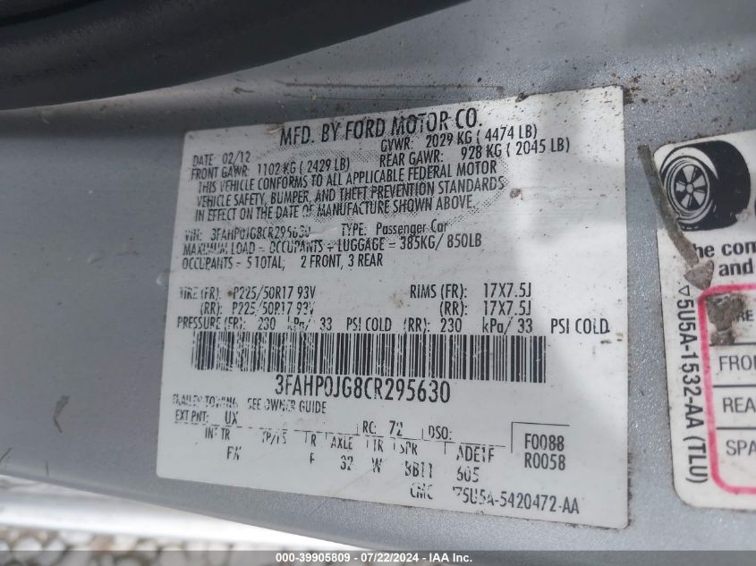 2012 Ford Fusion Sel VIN: 3FAHP0JG8CR295630 Lot: 39905809