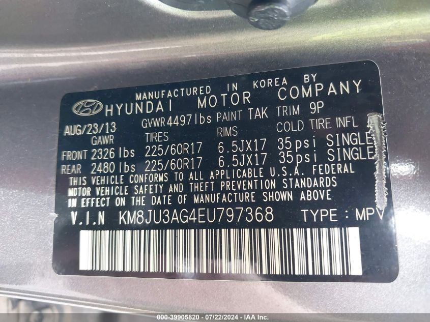 2014 Hyundai Tucson Se VIN: KM8JU3AG4EU797368 Lot: 39905820