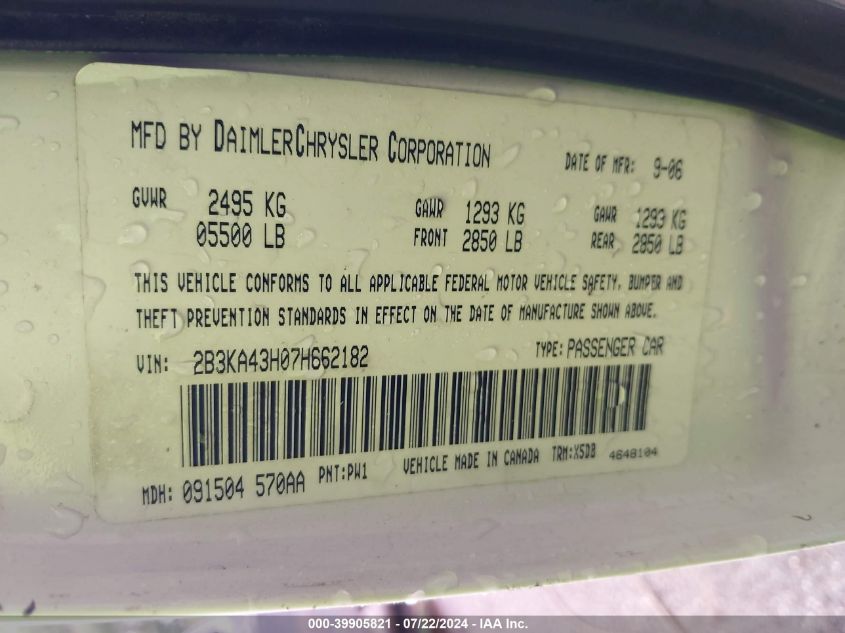 2007 Dodge Charger VIN: 2B3KA43H07H662182 Lot: 39905821