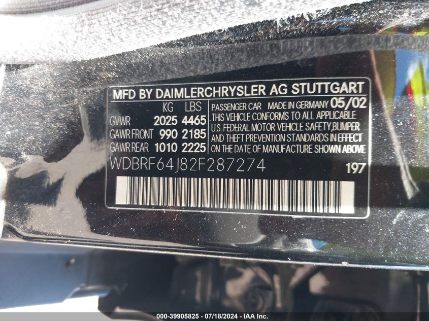 2002 Mercedes-Benz C 320 VIN: WDBRF64J82F287274 Lot: 39905825