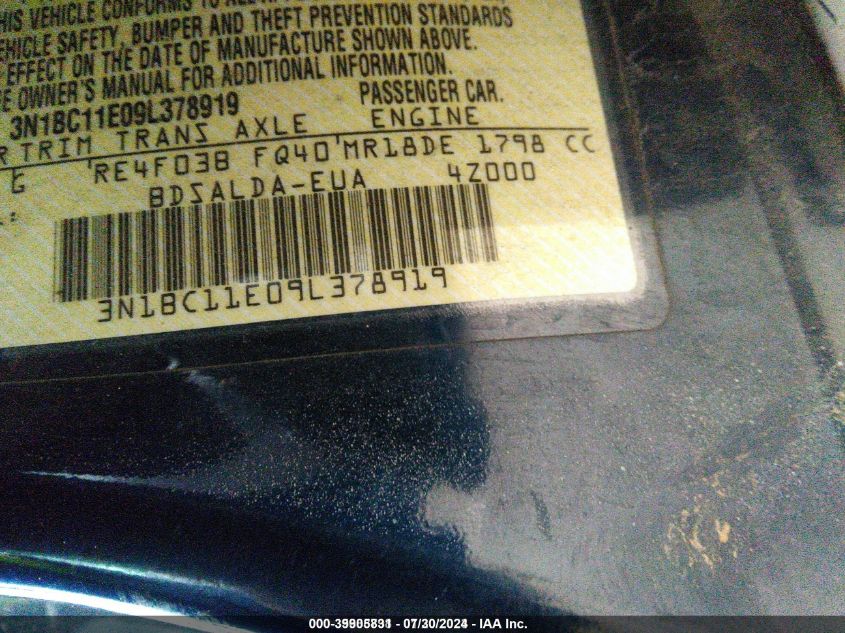 3N1BC11E09L378919 2009 Nissan Versa 1.8S