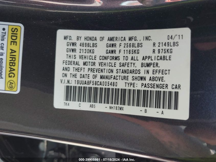 19UUA8F58CA005480 2012 Acura Tl 3.5