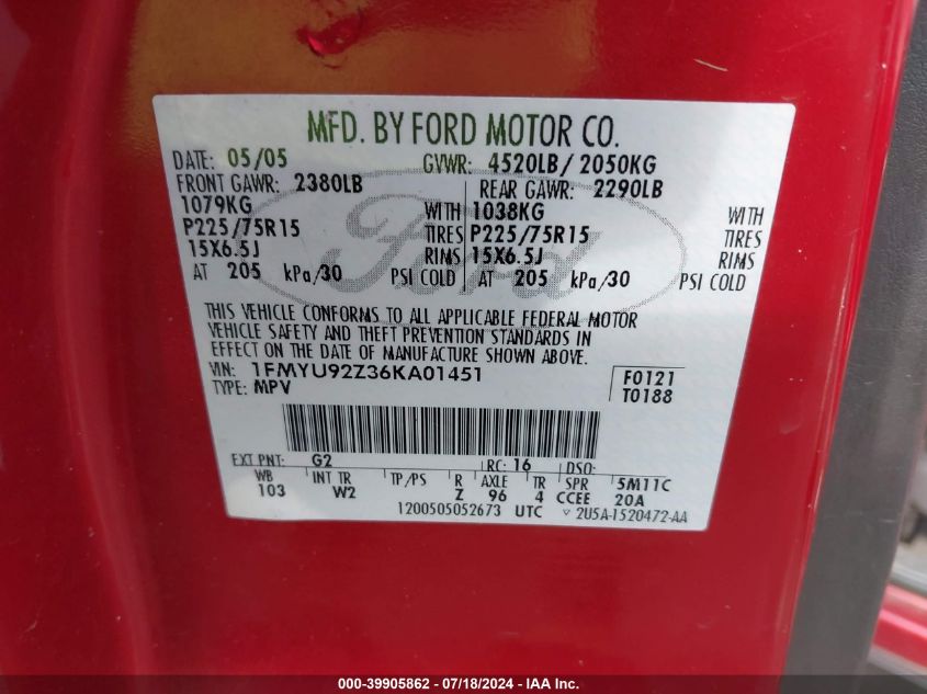 2006 Ford Escape Xls/Xls Manual VIN: 1FMYU92Z36KA01451 Lot: 39905862