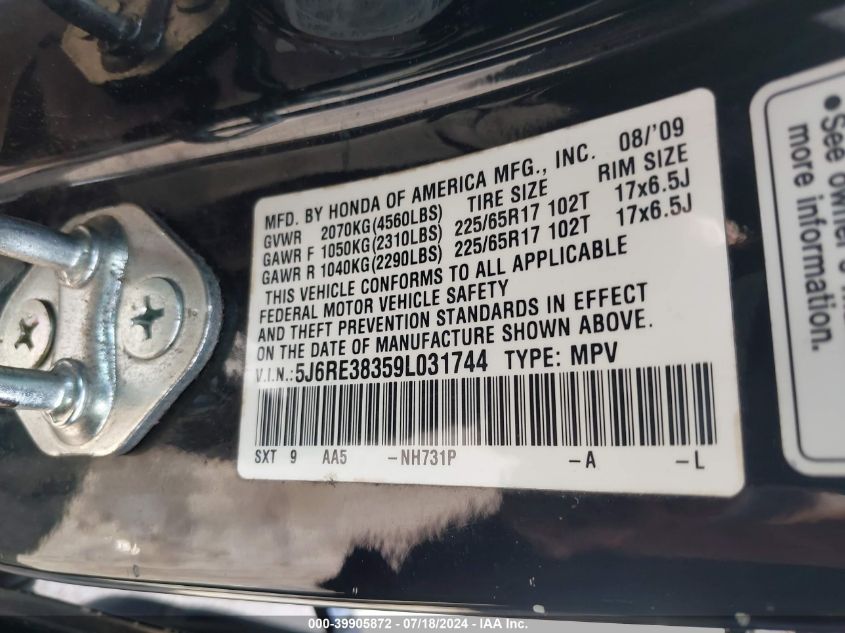 2009 Honda Cr-V Lx VIN: 5J6RE38359L031744 Lot: 39905872
