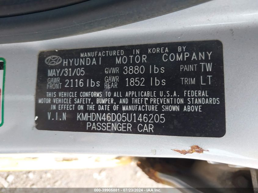2005 Hyundai Elantra Gls/Gt VIN: KMHDN46D05U146205 Lot: 39905881