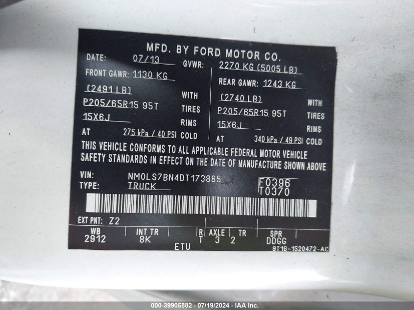 2013 Ford Transit Connect Xlt VIN: NM0LS7BN4DT173885 Lot: 39905882