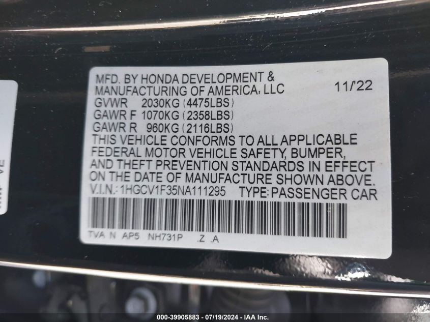 2022 Honda Accord Sport VIN: 1HGCV1F35NA111295 Lot: 39905883