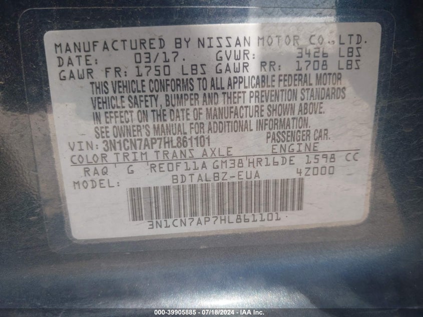 2017 NISSAN VERSA 1.6 SV - 3N1CN7AP7HL861101