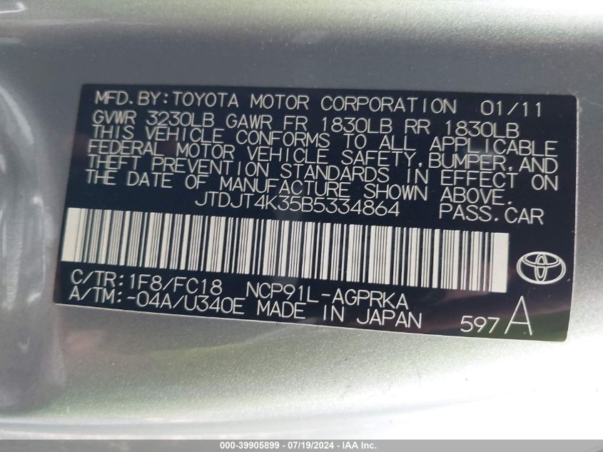 2011 Toyota Yaris VIN: JTDJT4K35B5334864 Lot: 39905899