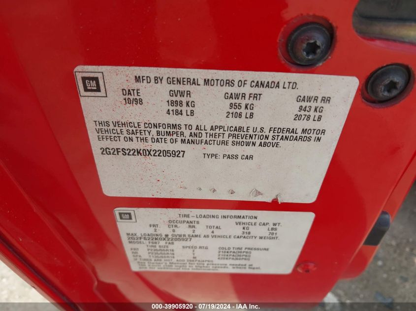 1999 Pontiac Firebird VIN: 2G2FS22K0X2205927 Lot: 39905920