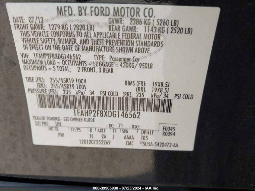 2013 FORD TAURUS LIMITED - 1FAHP2F8XDG146562