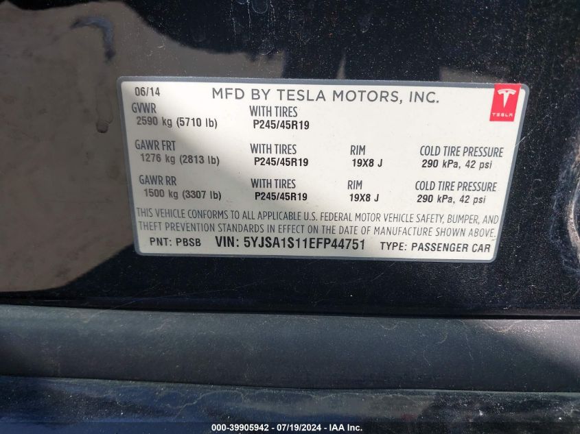 2014 Tesla Model S VIN: 5YJSA1S11EFP44751 Lot: 39905942