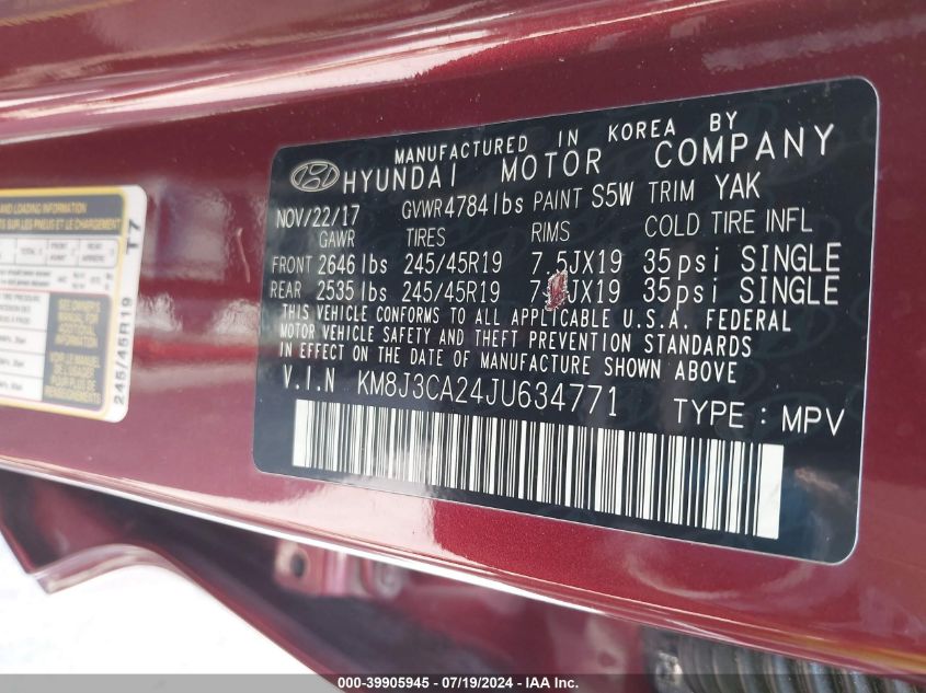 2018 Hyundai Tucson Limited/Sport And Eco/Se VIN: KM8J3CA24JU634771 Lot: 39905945