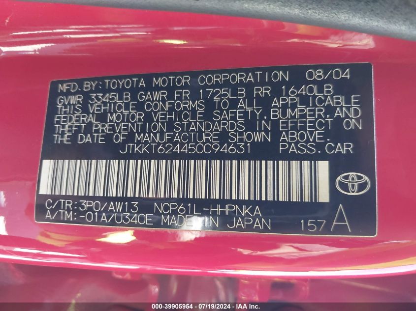 2005 Scion Xa VIN: JTKKT624450094631 Lot: 39905954