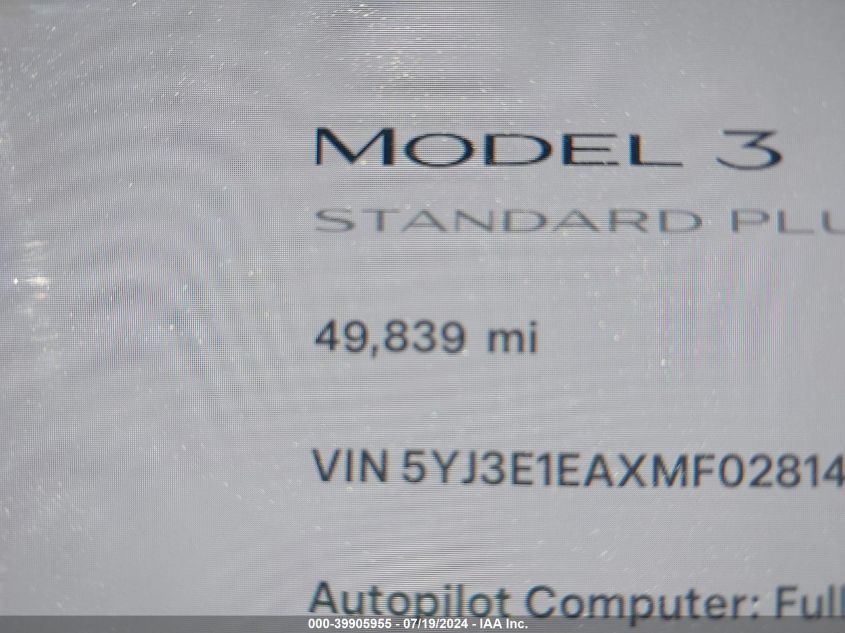 2021 Tesla Model 3 Standard Range Plus Rear-Wheel Drive VIN: 5YJ3E1EAXMF028143 Lot: 39905955