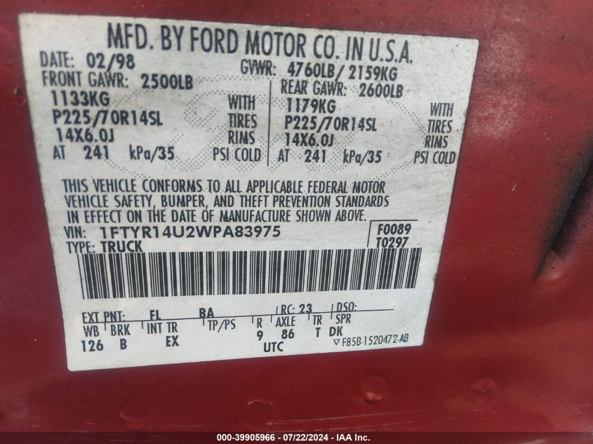 1998 Ford Ranger Splash/Xl/Xlt VIN: 1FTYR14U2WPA83975 Lot: 39905966