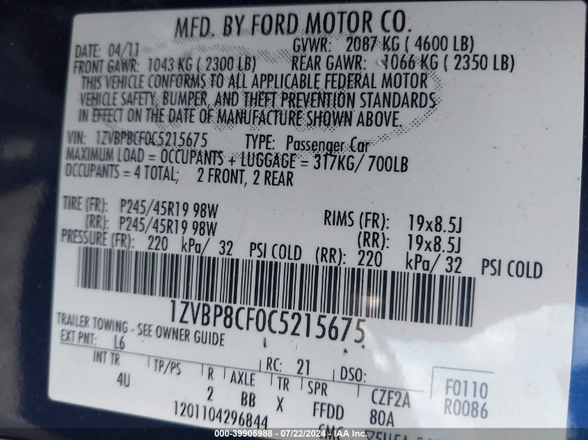 2012 Ford Mustang Gt Premium VIN: 1ZVBP8CF0C5215675 Lot: 39905988