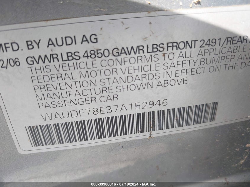 2007 Audi A4 2.0T VIN: WAUDF78E37A152946 Lot: 39906016