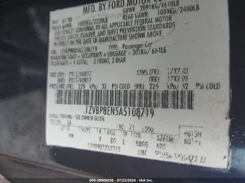 2010 Ford Mustang VIN: 1ZVBP8EN5A5108719 Lot: 39906036