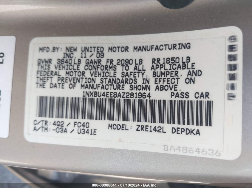 2010 Toyota Corolla Le VIN: 1NXBU4EE8AZ281964 Lot: 39906041