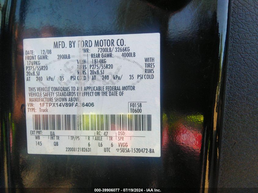 2009 Ford F-150 Super Cab VIN: 1FTPX14V89FA36406 Lot: 39906077