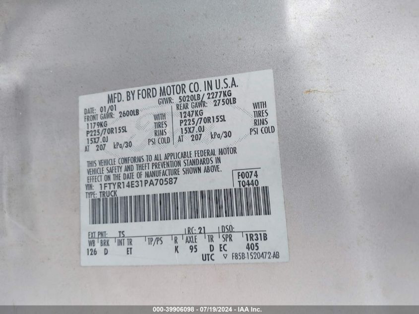 2001 Ford Ranger Edge/Xlt VIN: 1FTYR14E31PA70587 Lot: 39906098