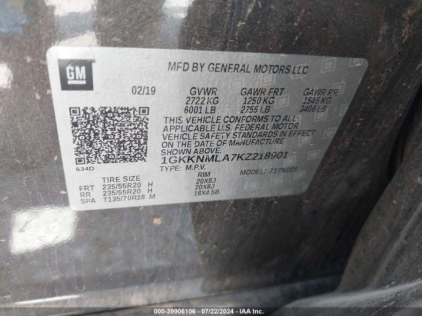 1GKKNMLA7KZ218901 2019 GMC Acadia Slt-1