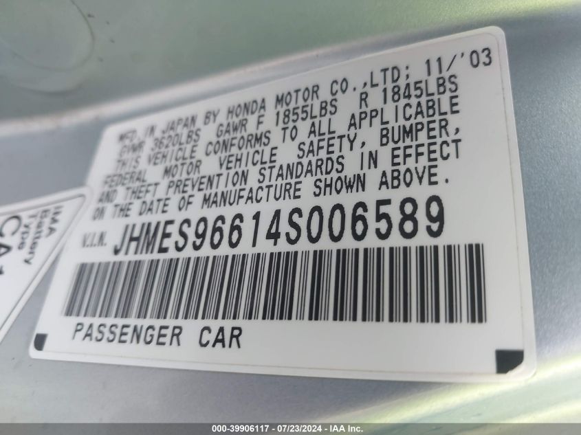 2004 Honda Civic Hybrid VIN: JHMES96614S006589 Lot: 39906117